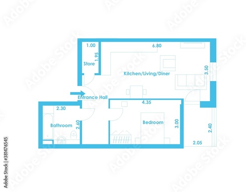 Drawing. 2d floor plan. Black&white floor plan. House with interior, floor plan, blueprints and colored walls on a white background.
