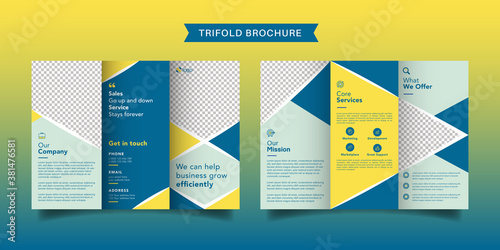 Corporate business trifold brochure template. Modern, Creative and Professional tri fold brochure vector design. Simple and minimalist promotion layout with blue and yellow color.