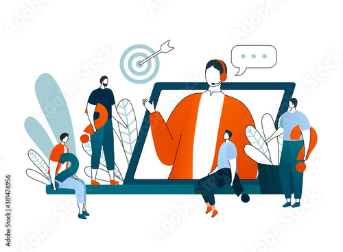 Online consultation, vector illustration. Video conference. Businesswoman online consulting. Telecommunication concept. Web consultant in computer screen, professional help service and support.