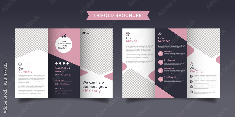 Corporate business trifold brochure template. Modern, Creative and Professional tri fold brochure vector design. Simple and minimalist promotion layout with pink and purple color.