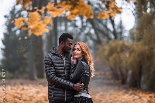 Happy Interracial couple posing in blurry autumn park background © onphotoua