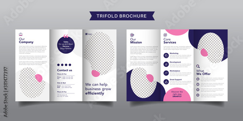 Corporate business trifold brochure template. Modern, Creative and Professional tri fold brochure vector design. Simple and minimalist promotion layout with pink and purple color.