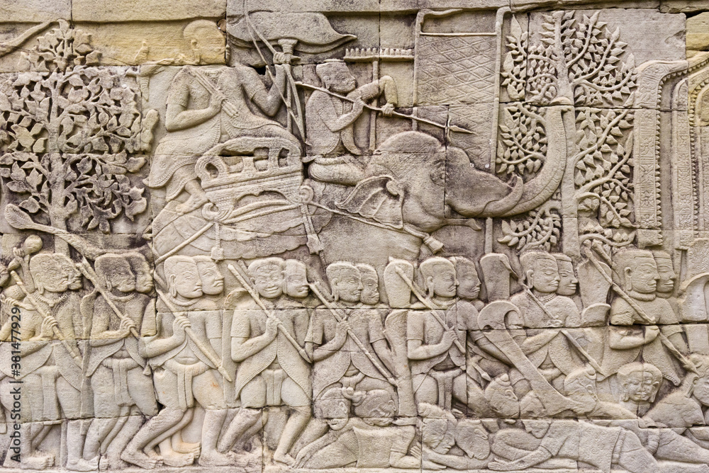 Bas reliefs depicting the battle between Khmer and the Chams at Bayon temple, Angkor, Siem reap, Cambodia