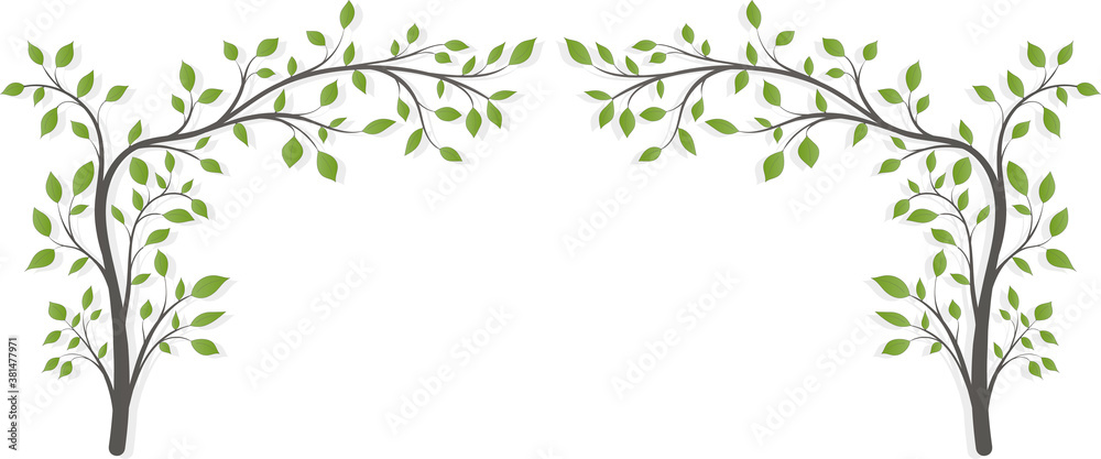 Two flowering trees with leaves in the form of an arch on a light background. Two flowering trees with leaves in the form of an arch on a light background.