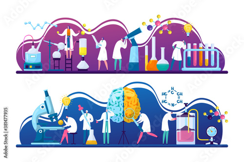 Scientists discovery research in chemistry, biology or medicine vector illustration. Brain science researching labaratory. Scientifical research lab innovation. Open head with brains and discoverers.