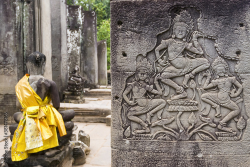 Apsara dancer carvings on a pillar of the Bayon, Angkor Thom, Siem Reap photo