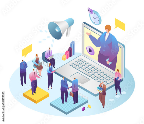 Business web conference, businessman videoconferencing with colleagues on laptop vector illustration. Teleconference internet technology, online meeting, communication. Teamwork online.