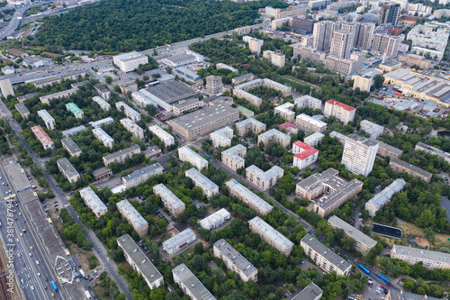 Low-rise buildings in the Presnensky district of Moscow, view from a drone