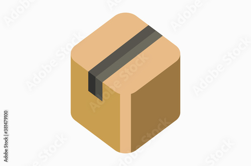 A simple isometric vector illustration of a paper box with tape on white background  a box with rounded edges.