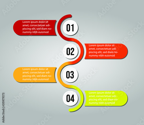 A vector illustration of the four step infographic in red, orange, and yellow colors on a grey background.