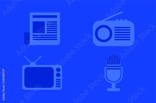 Set of icons of newspaper, radio, TV, and microphone isolated on blue background.