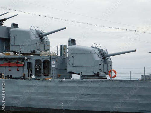 The rear guns of the old, World War II, Fletcher class, destroyer Velos, ex USS Charrette