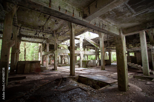 Nazis  factory hidden in the forest. Factory on tin falls into ruin. Old buildings in the Czech forest.