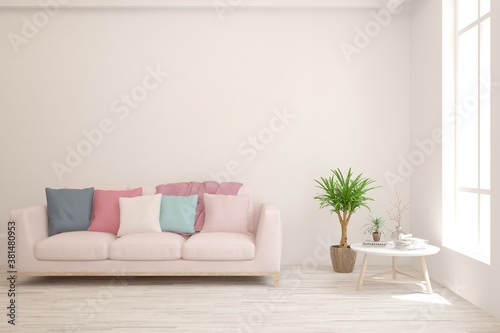 White living room with sofa. Scandinavian interior design. 3D illustration