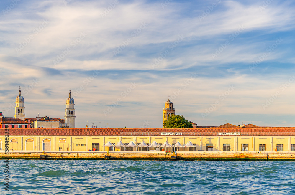 Port of Venice on embankment of Fondamenta Zattere in historical city centre Dorsoduro sestiere, view from water of Giudecca canal, Veneto Region, Italy