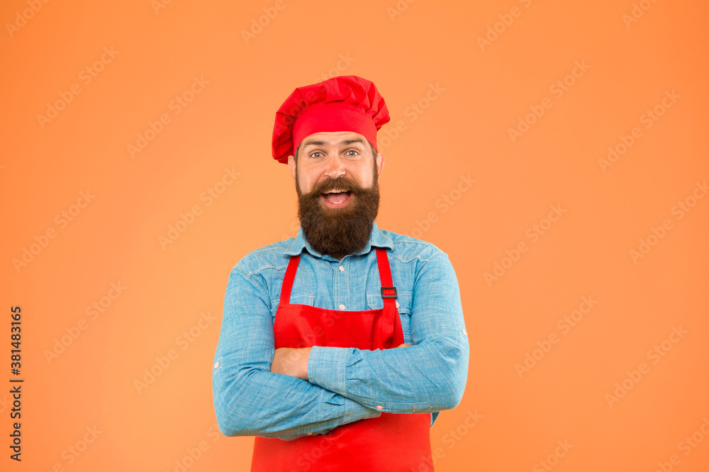 Man with beard and mustache restaurant cook, local cuisine concept