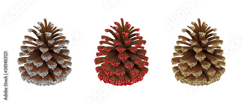 set of christmas decorations. isolated pine cones with red, silver and gold glitters