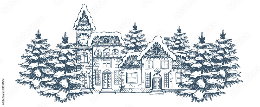 Christmas Greeting card. Illustration of houses. Set of hand drawn buildings. Christmas Greeting card. Illustration of houses. Set of hand drawn buildings.