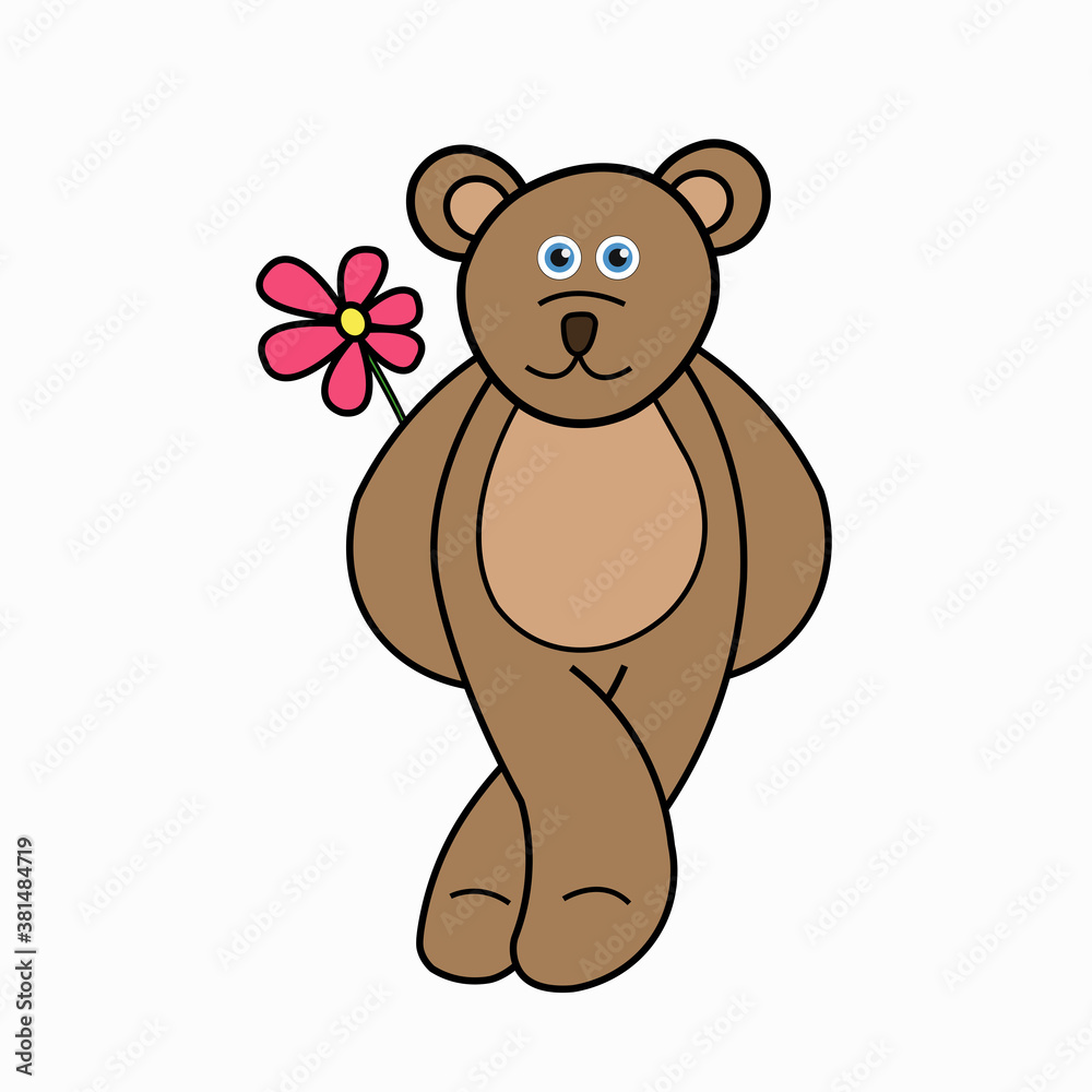 Fototapeta premium funny bear carrying a flower behind its back vector illustration