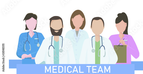 A team of doctors and nurses in uniform, hospital medical staff with stethoscopes in different positions.  The concept of medical care and assistance to people. Vector flat illustration.