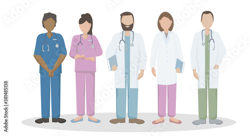 A team of doctors and nurses in uniform, hospital medical staff with stethoscopes in different positions.  The concept of medical care and assistance to people. Vector flat illustration.