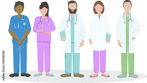 A team of doctors and nurses in uniform, hospital medical staff with stethoscopes in different positions.  The concept of medical care and assistance to people. Vector flat illustration.