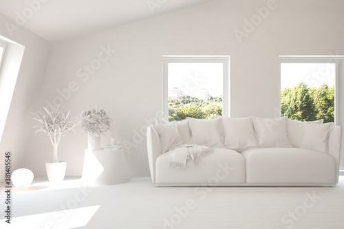 White living room with sofa and summer landscape in window. Scandinavian interior design. 3D illustration