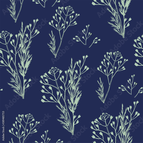 Seamless pattern of different types of field herbs and branches. For paper, covers, fabric, gift wrapping, wall painting, decorative interior design. Vector design.