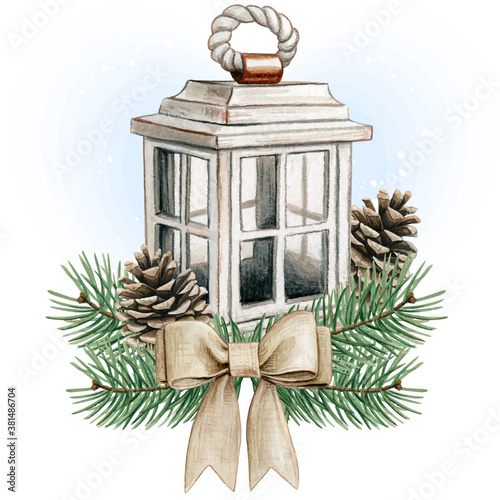 Watercolor shabby chic wooden lantern with pinecones and jute bow