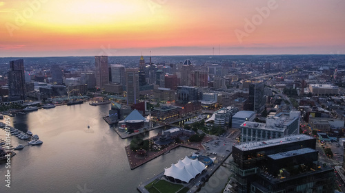 Aerial view of the Baltimore City Skyline at Sunset by the Inner Harbor 
