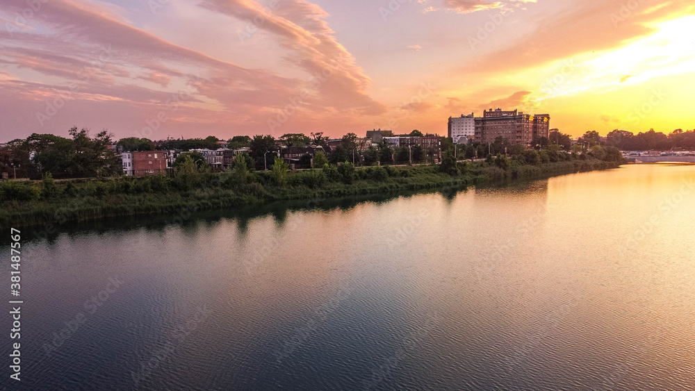 Aerial view of Baltimore City Druid Hill Lake at Sunset 