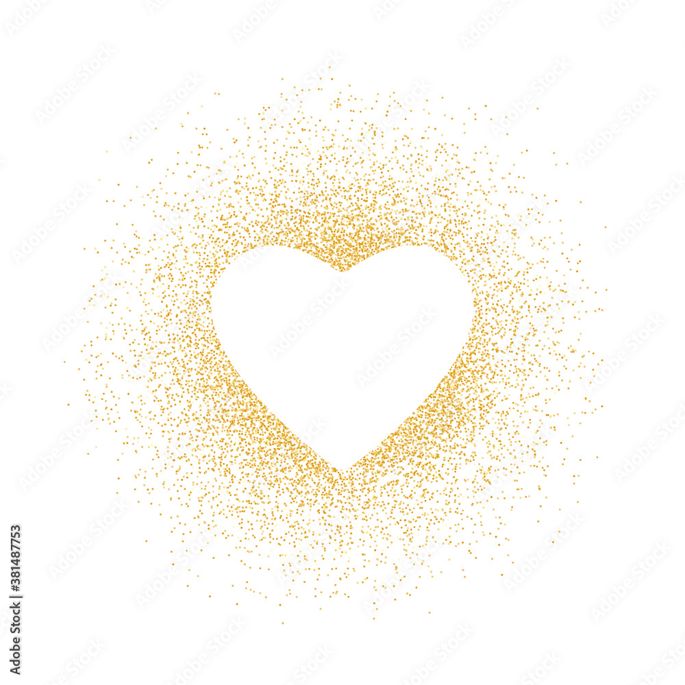 Golden glitter shape heart frame background. Pattern love with gold sparkles and glitter effect. Empty space for your text. Vector illustration on white background