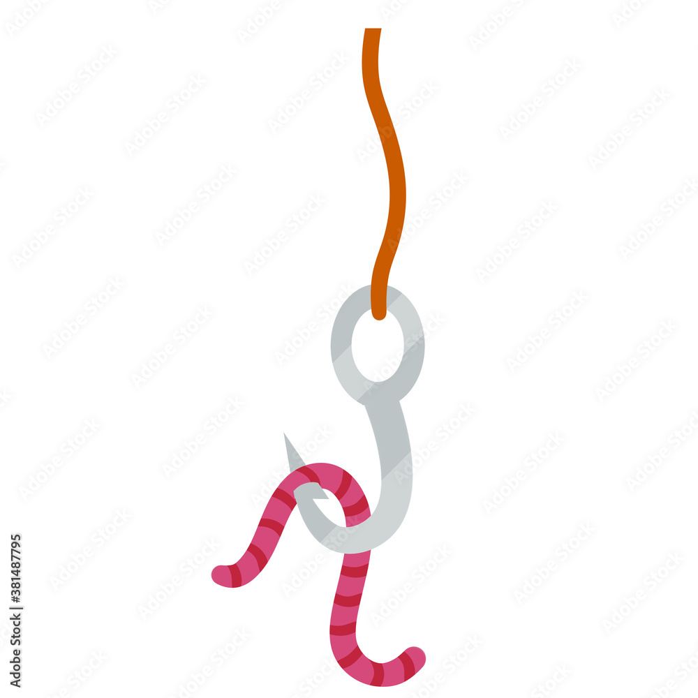 Set of fishing hooks and tackle with worm. Fishhook in different styles.  Hobbies and hunting. Element of fishing rod with bait. Fish trap. Cartoon  illustration Stock Vector