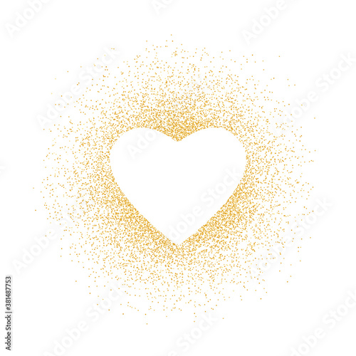 Golden glitter shape heart frame background. Pattern love with gold sparkles and glitter effect. Empty space for your text. Vector illustration on white background