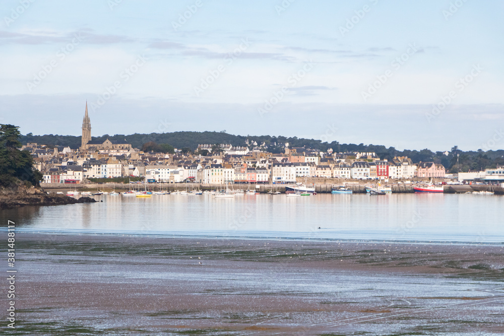 Ris beach at low tide and Rosmeur harbor in Douarnenez