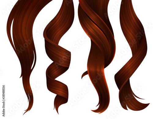 Set of Wavy Strands of Ginger Hair. Vector Realistic 3d Illustration. Design Element for Hairdressers, Beauty Salons, Hair Care Cosmetics, Shampoo or Conditioner Packaging