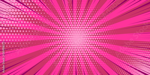 Pop art pink comics book cartoon magazine cover. Cartoon funny retro pattern strip mock up. Vector halftone illustration. Vintage backdrop for comic superhero text, speech bubble, message.