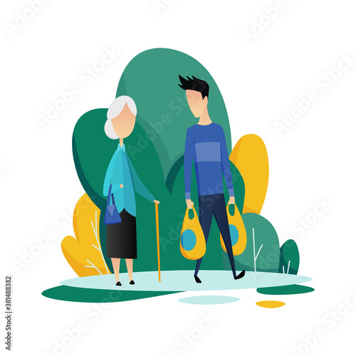 Social worker taking care about seniors people. Volunteer young people help elderly woman shop. Vector flat cartoon illustration