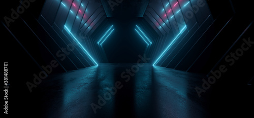 Fototapeta Naklejka Na Ścianę i Meble -  Neon Sci Fi Retro Modern Glowing Laser Electric Alien Spaceship Tunnel Garage Corridor Hangar Purple Blue Concrete Glossy background 3D Rendering