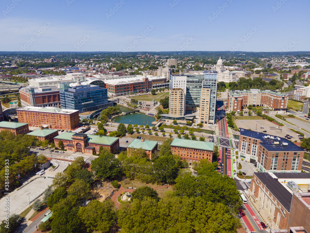 Providence modern city aerial view including Waterplace Park, Providence Place and State House in downtown Providence, Rhode Island RI, USA.