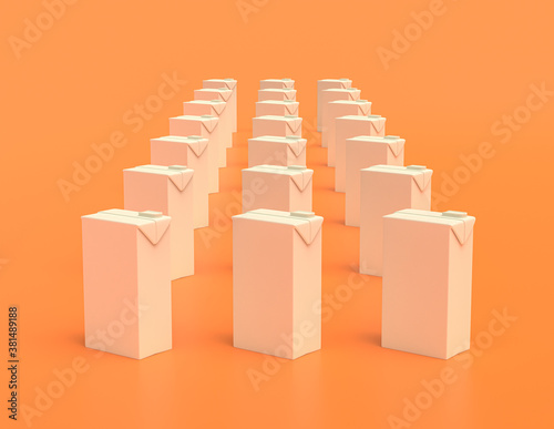 A group of white carton milk and fruit juice container packages  plastic object in yellow orange background  flat colors  single color  3d rendering