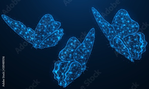 Futuristic fluttering butterflies. Polygonal construction of connected lines and points. Blue background.