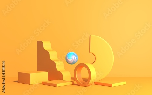 Abstract composition of geometric shapes in art deco style and podium for product showcase, yellow color, 3d render