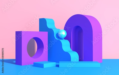 Abstract composition of geometric shapes in art deco style and podium for product showcase, multicolored shapes on a pink background, 3d render