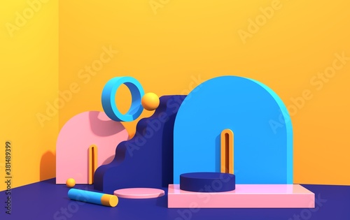 Abstract composition of geometric shapes in art deco style and podium for product showcase, multicolored shapes, 3d render