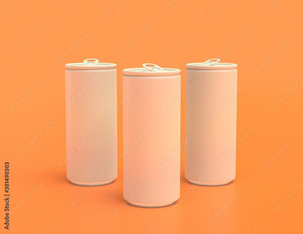 multiple flat color white plastic soda cans in rows in yellow orange background, monochrome, single color, 3d rendering multiple flat color white plastic soda cans in rows in yellow orange background, monochrome, single color, 3d rendering
