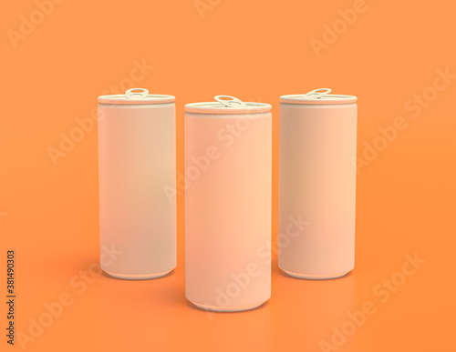 multiple flat color white plastic soda cans in rows in yellow orange background, monochrome, single color, 3d rendering