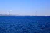View of the Dardanelles Strait and the highway bridge poles on which the construction is started. Canakkale, Turkey