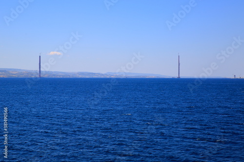 View of the Dardanelles Strait and the highway bridge poles on which the construction is started. Canakkale  Turkey