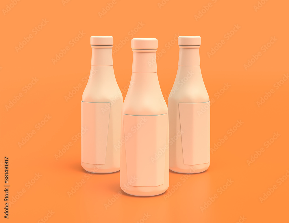 Multiple white plastic ketchup bottles in yellow orange background, flat colors, single color, 3d rendering Multiple white plastic ketchup bottles in yellow orange background, flat colors, single color, 3d rendering